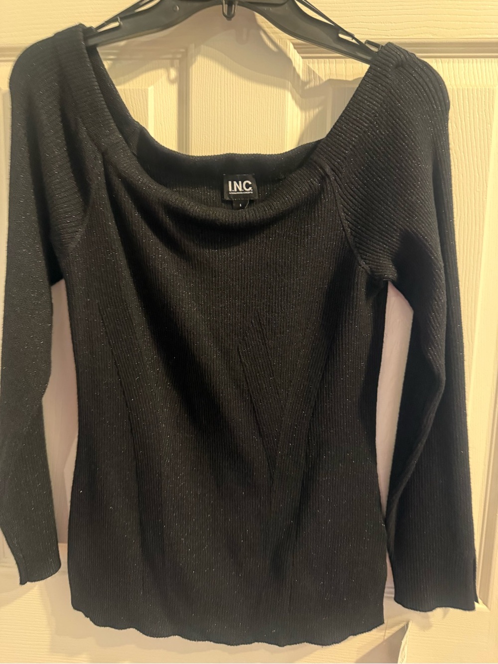 INC International Concepts Black Ribbed Off-Shoulder Sweater with Subtle Shine L